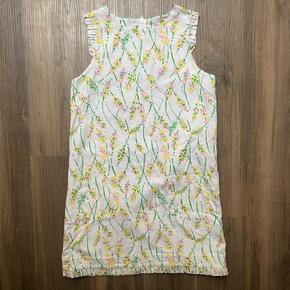 Lilly Pulitzer White Grasshopper Print Shift Dress with Ruffle Trim, Size 12